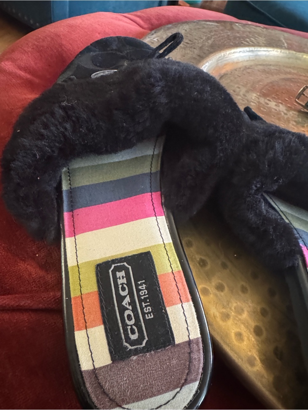 Coach Black Signature Logo Shearling Slide Slippers with Striped Insole - Picture 3 of 5
